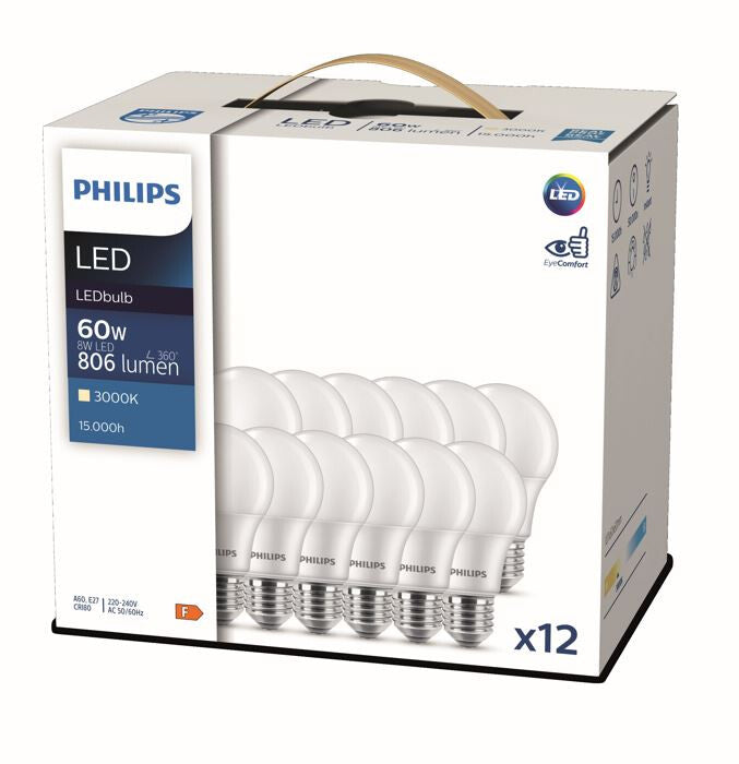Philips CorePro LED-lamppu E27 8W 806lm 3000K – päärynänmuoto, A60, 12 kpl pakkaus