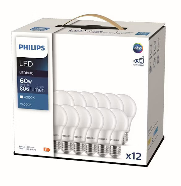 Philips CorePro LED-lamppu E27 8W 806lm – päärynänmuoto, A60, 12 kpl pakkaus