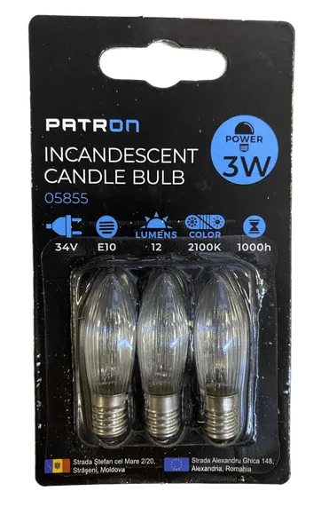 34V, 3W, 12lm, C6, E10, 2100K, 12x44mm, 3kpl kynttilälamppu kynttelikköön Patron