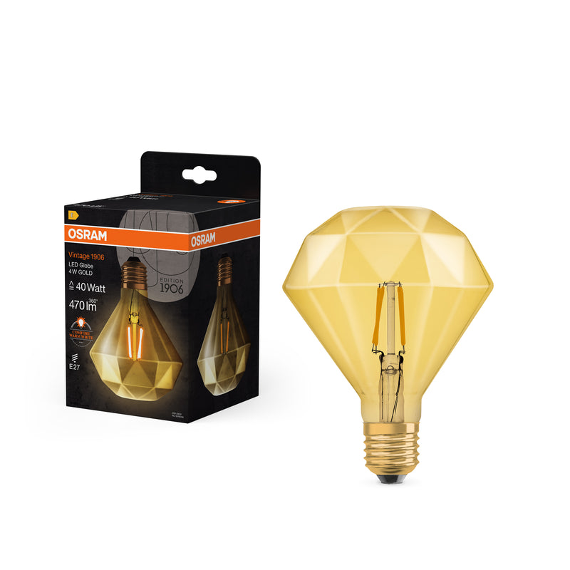 4W, 470lm, Vintage 1906 Edison 40 Filament Diamond GOLD, 2400K, E27, 110x142mm, LED Sisustuslamppu Osram