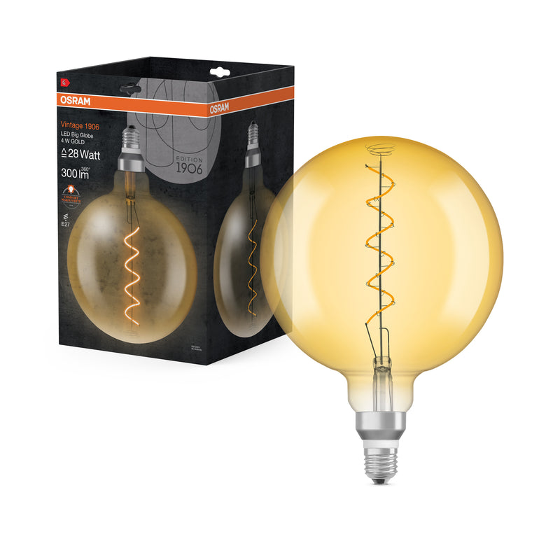 4W,  300lm, Vintage 1906 Big Globe 28 Filament GOLD ,E27, 2000K, 200x290mm, LED Sisustuslamppu Osram
