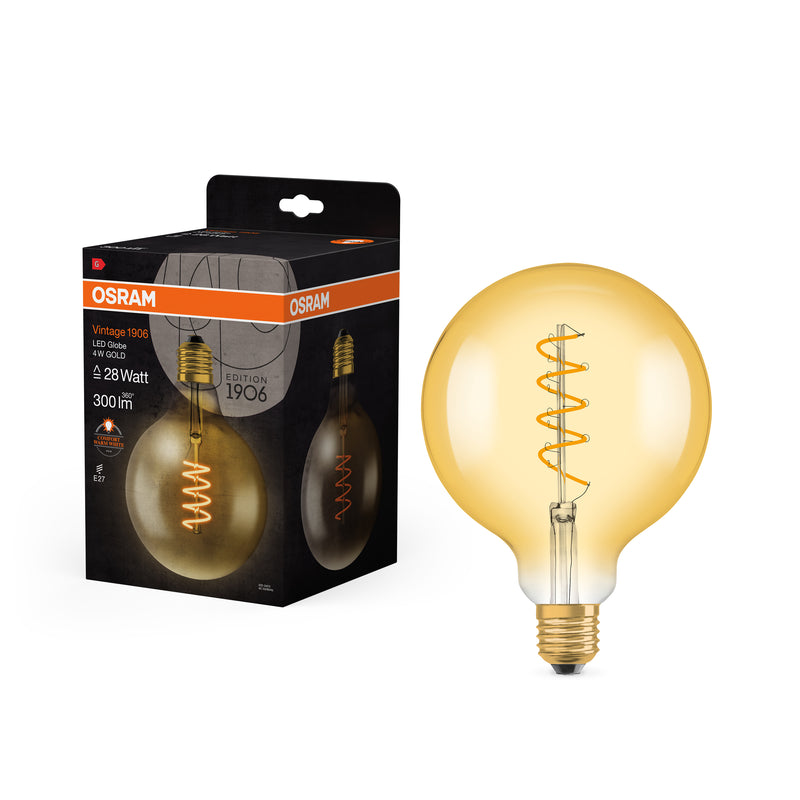 4W, 300lm, Vintage 1906 Globe 28 Filament GOLD, E27, 2000K, 124x168m, LED Sisustuslamppu Osram
