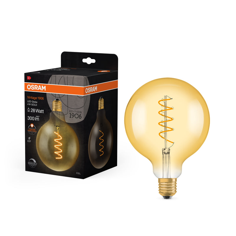 4W, 300lm, Vintage 1906 Globe 28 Filament GOLD DIM, E27, 2000K, 124x168mm, LED Sisustuslamppu Osram