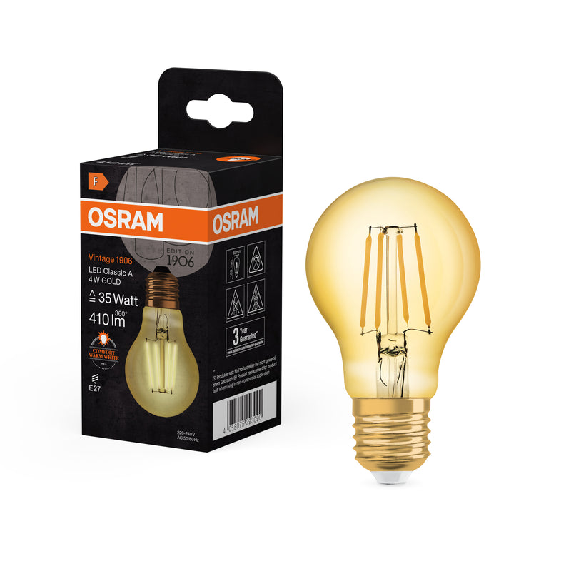 4W, 410lm, Vintage 1906 Classic A 35 Filament GOLD, E27, 2400K, 60x105mm, LED Sisustuslamppu Osram