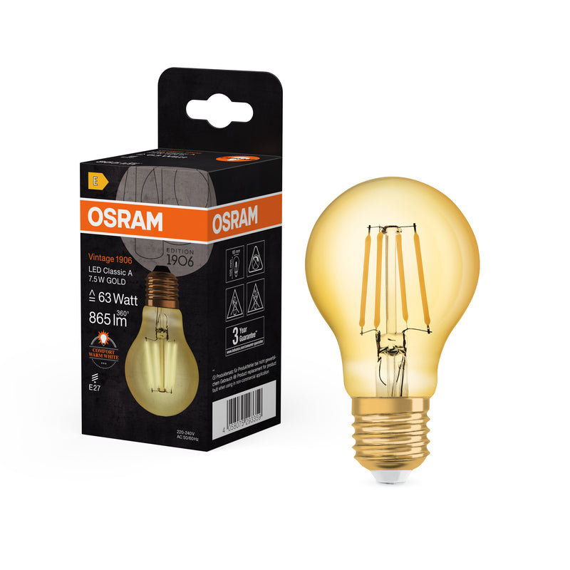 7,5W, 865lm, Vintage 1906 Classic A 63 Filament GOLD, 2400K, E27, 60x105mm, LED Sisustuslamppu Osram