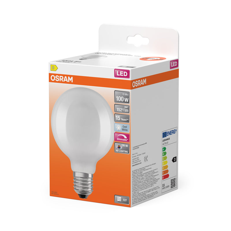 11W, 1521lm, Superstar Plus Globe 95 Filament DIM Matta, E27, 4000K, 95x135mm, LED lamppu Osram
