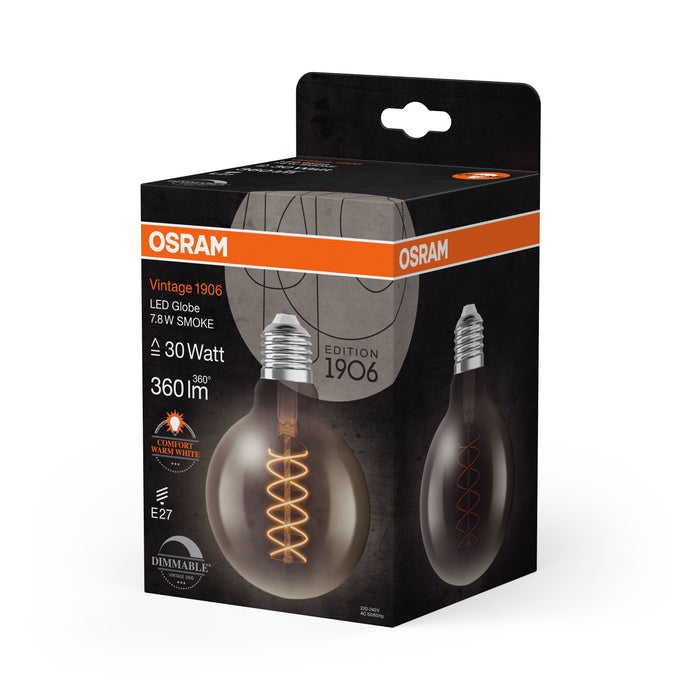 7,8W, 360lm, Vintage 1906 Globe 95 30 Filament SMOKE DIM, E27, 1800K, 95x138mm, LED Sisustuslamppu OSRAM