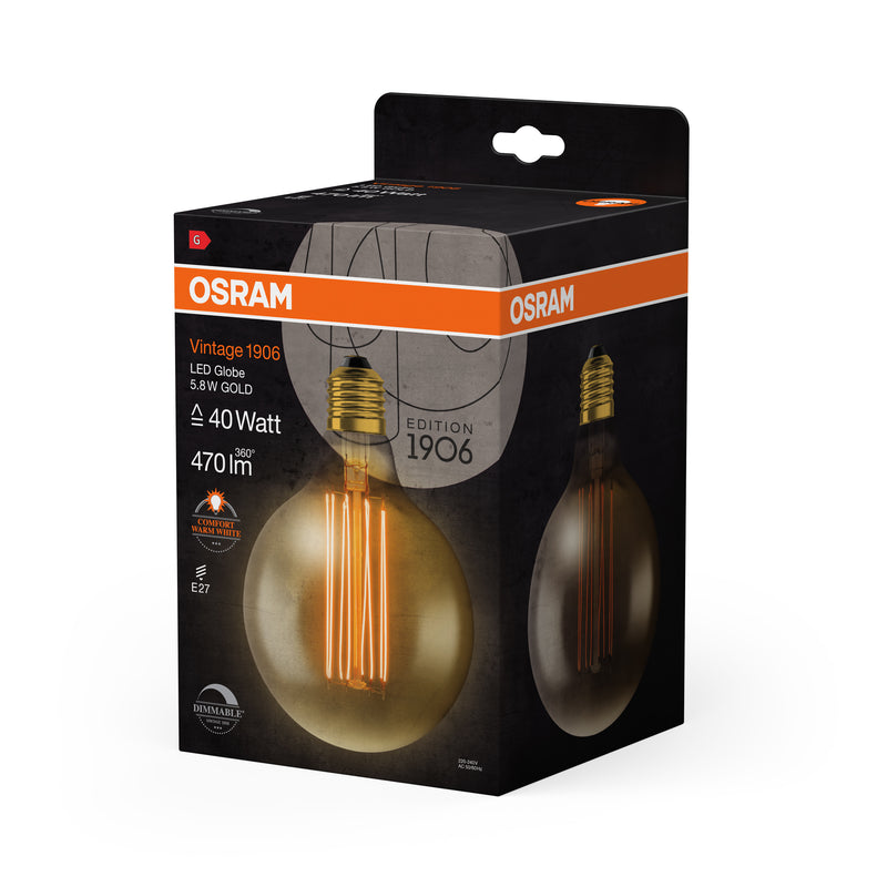 5,8W, 470lm, Vintage 1906 Globe 125 40 Filament GOLD DIM, E27, 2200K, 124x173mm, LED Sisustuslamppu Osram