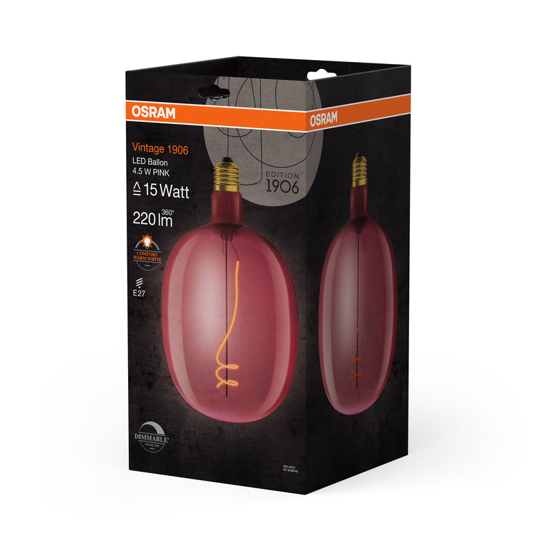 4,5W, 220lm, Vintage 1906 Ballon 15 Filament PINK, 1600K, E27, DIM, 170x270mm, LED Sisustuslamppu Osram