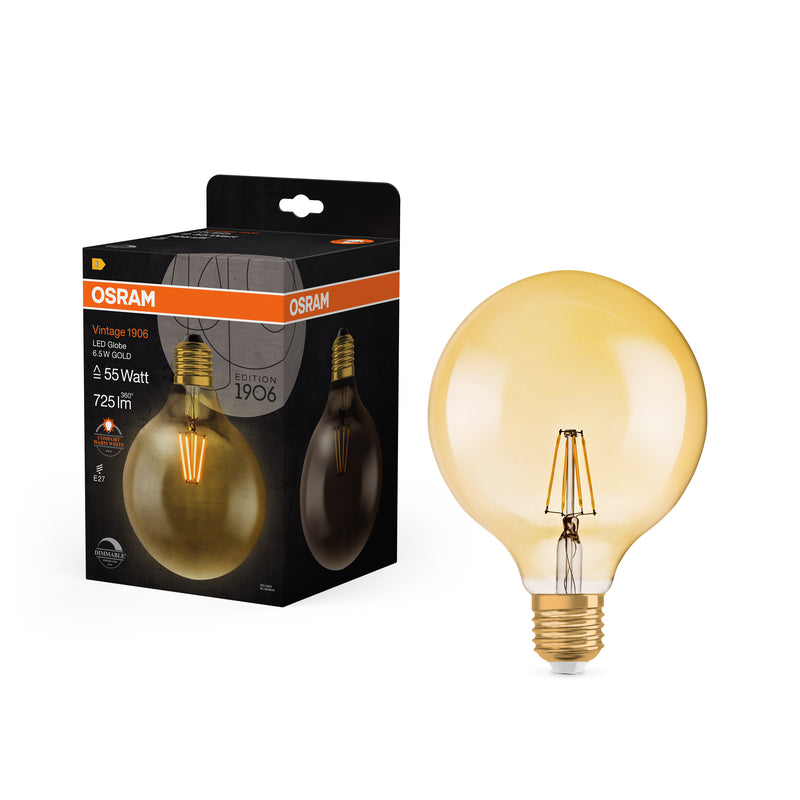 6.5W, 725lm, Vintage 1906 Globe 55 Filament GOLD DIM, E27, 2400K, 124x168mm, LED Sisustuslamppu Osram