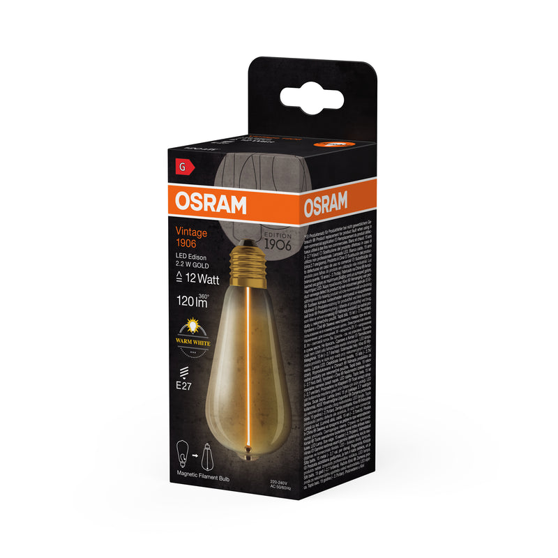 2.2W, 120lm, Vintage 1906 Edison 12 Filament Magnetic GOLD, 2700K, E27, 64x140mm, LED Interior lamp Osram