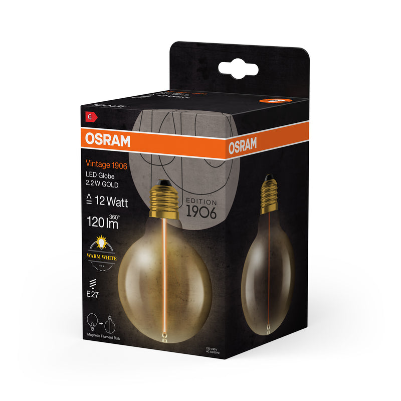 2,2W, 120lm, Vintage 1906 Globe 95 12 Filament Magnetic GOLD, 2700K, E27, 95x138mm, LED Sisustuslamppu Osram