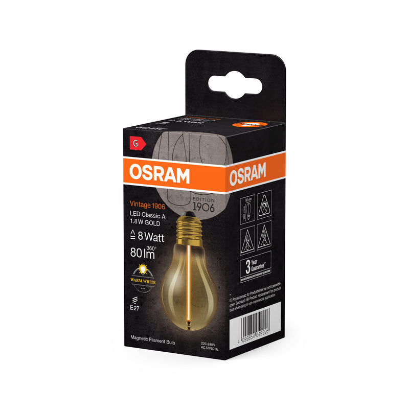 1,8W, 80lm, Vintage 1906 Classic A 8 Filament Magnetic GOLD, 2700K, E27, 60x105mm, LED Sisustuslamppu Osram