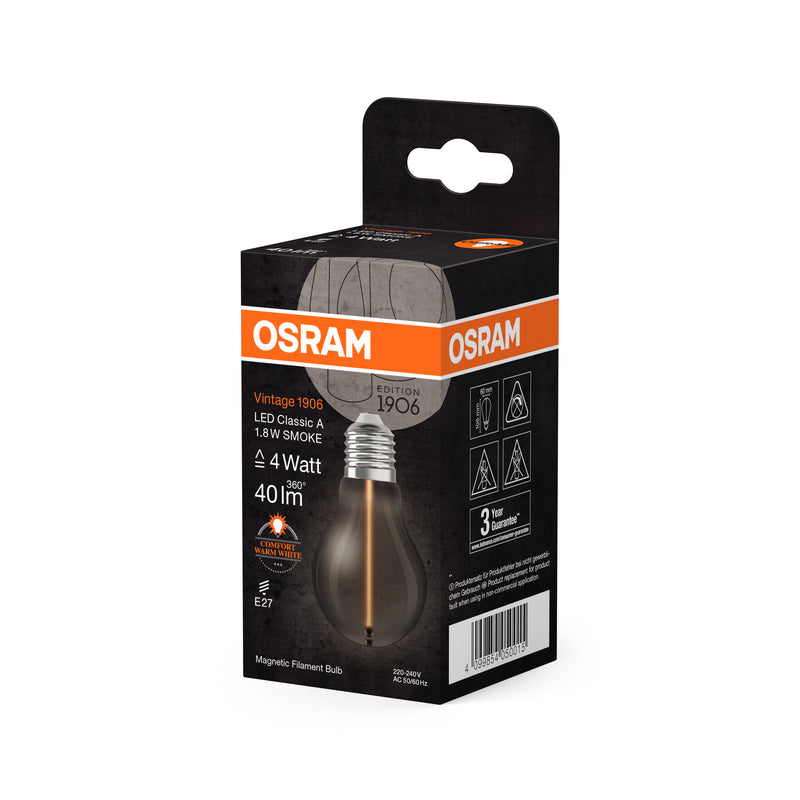 1,8W, 40lm, Vintage 1906 Classic A 4 Filament Magnetic SMOKE, 1800K, E27, 60x105mm, LED Sisustuslamppu Osram