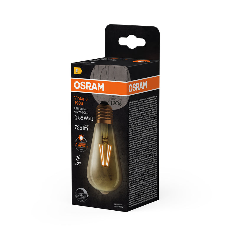 6,5W, 725lm, Vintage 1906 Classic Edison 55 Filament GOLD DIM, E27, 2400K, 64x143mm, LED Sisustuslamppu Osram