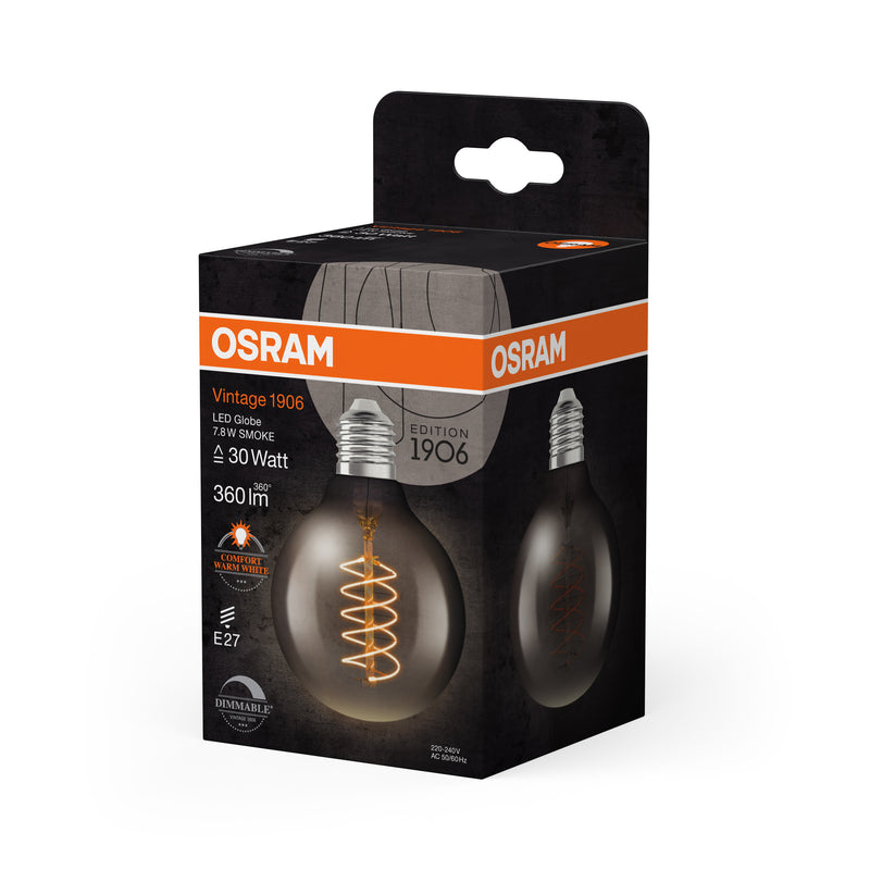 7,8W, 360lm, Vintage 1906 Globe 80 30 Filament SMOKE DIM, E27, 1800K, 80x120mm, LED Sisustuslamppu Osram