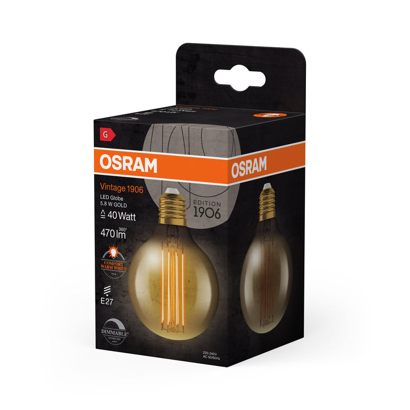 5,8W, 470lm, Vintage 1906 Globe 80 40 Filament GOLD DIM, E27, 2200K, 80x120mm, LED Sisustuslamppu Osram