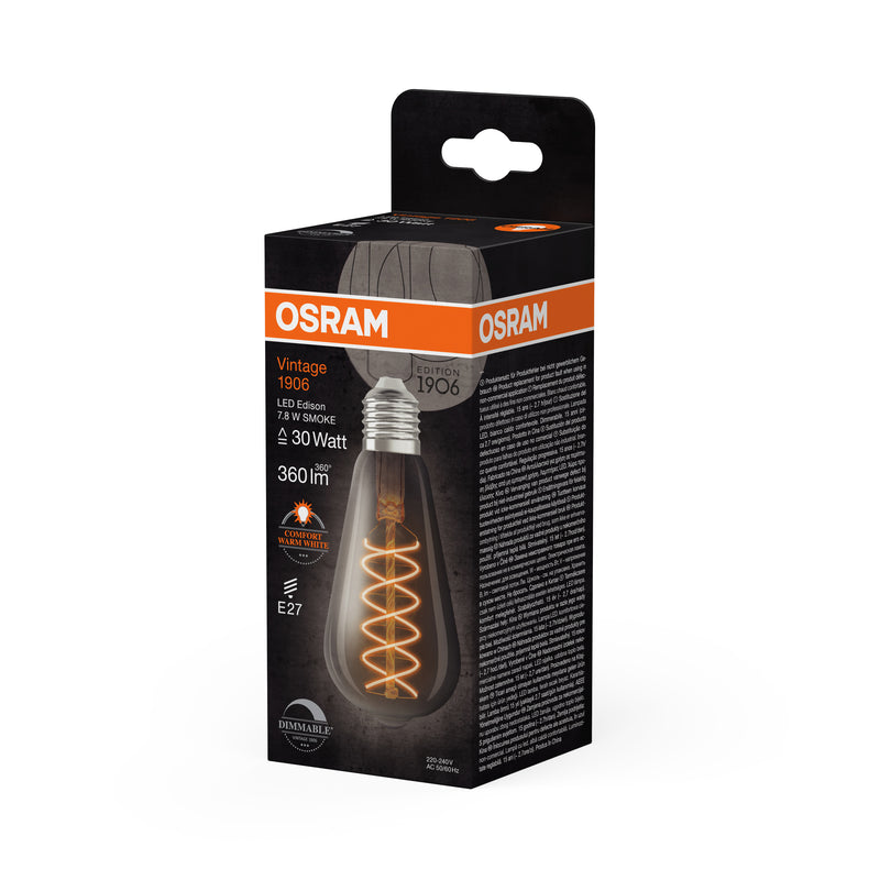 7.8W, 360lm, Vintage 1906 Edison 30 Filament SMOKE DIM, E27, 1800K, 64x140mm, LED Sisustuslamppu Osram
