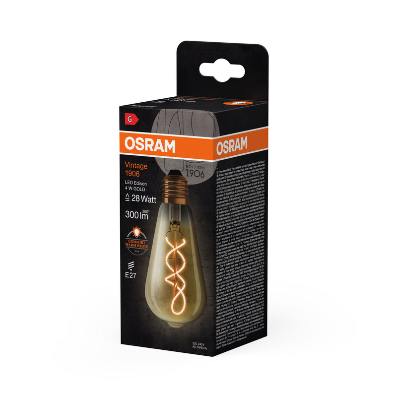 4W, 300lm, Vintage 1906 Edison 28 Filament GOLD, E27, 2000K, 64x143mm, LED Sisustuslamppu Osram