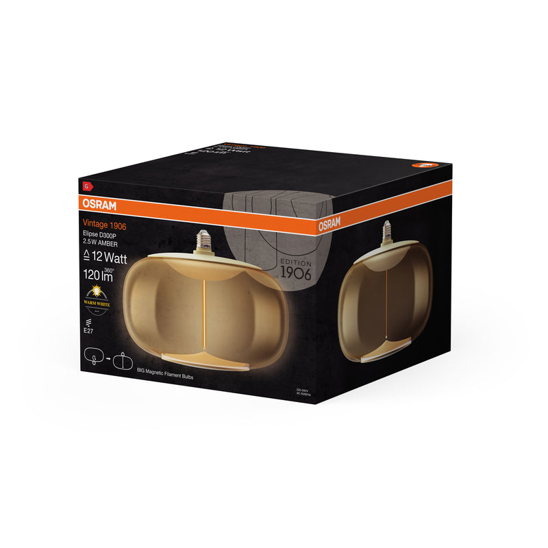 2,5W, 120lm, Vintage 1906 Big Elipse 12 Filament Magnetic AMBER, 2700K, E27, 300x210mm, LED Sisustuslamppu Osram