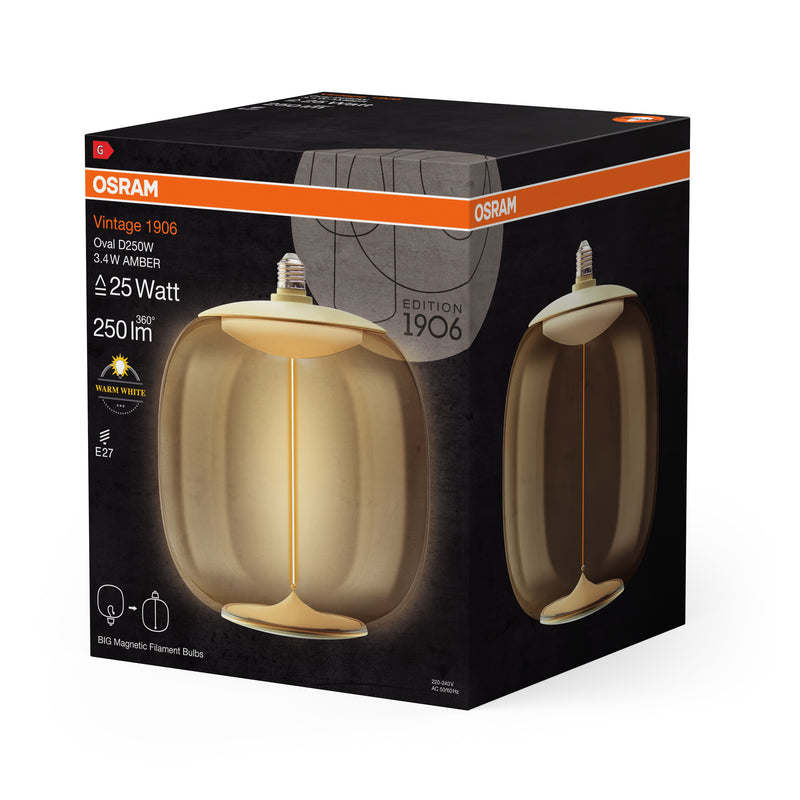 3,4W, 250lm, Vintage 1906 Big Oval 25 Filament Magnetic AMBER, 2700K, E27, 250x300mm, LED Sisustuslamppu Osram