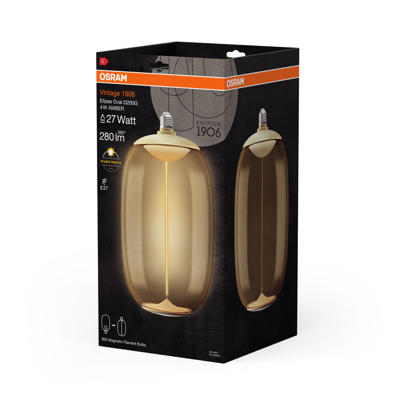 4W, 280lm, Vintage 1906 Big Elipse Oval 27 Filament Magnetic AMBER, 2700K, E27, 200x370mm, LED Sisustuslamppu Osram