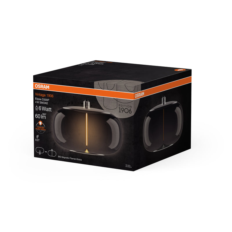 4W, 60lm, Vintage 1906 Big Elipse 6 Filament Magnetic SMOKE, 1800K, E27, 300x210mm, LED Sisustuslamppu Osram