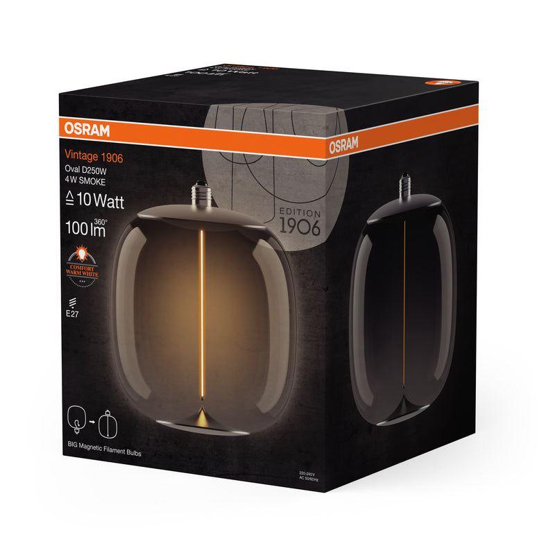 4W, 100lm, Vintage 1906 Big Oval 10 Filament Magnetic SMOKE, 1800K, E27, 250x300mm, LED Sisustuslamppu Osram
