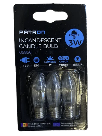 48V, 3W, 12lm, C6, E10, 2100K, 13x44mm, 3kpl kynttilälamppu kynttelikköön Patron