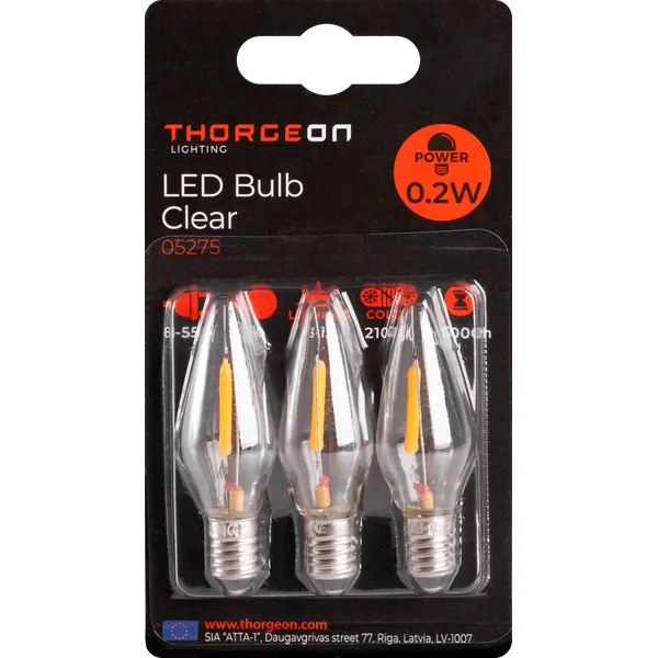 0.2W, 12lm, Bulb Clear, E10, 2100K, 13x46mm, LED lamppu Thorgeon