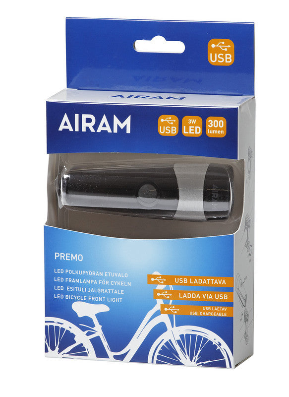 Airam Premo Bicycle Headlight 3W LED – USB Rechargeable, Quick Release