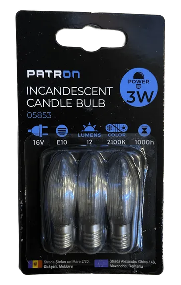 16V, 3W, 12lm, C6, E10, 2100K, 13x44mm, 3kpl kynttilälamppuja kynttelikköön Patron