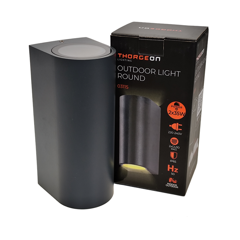 Thorgeon Luminaire Body 2x GU10 IP65 Anthracite – round outdoor wall light, 77x161 mm