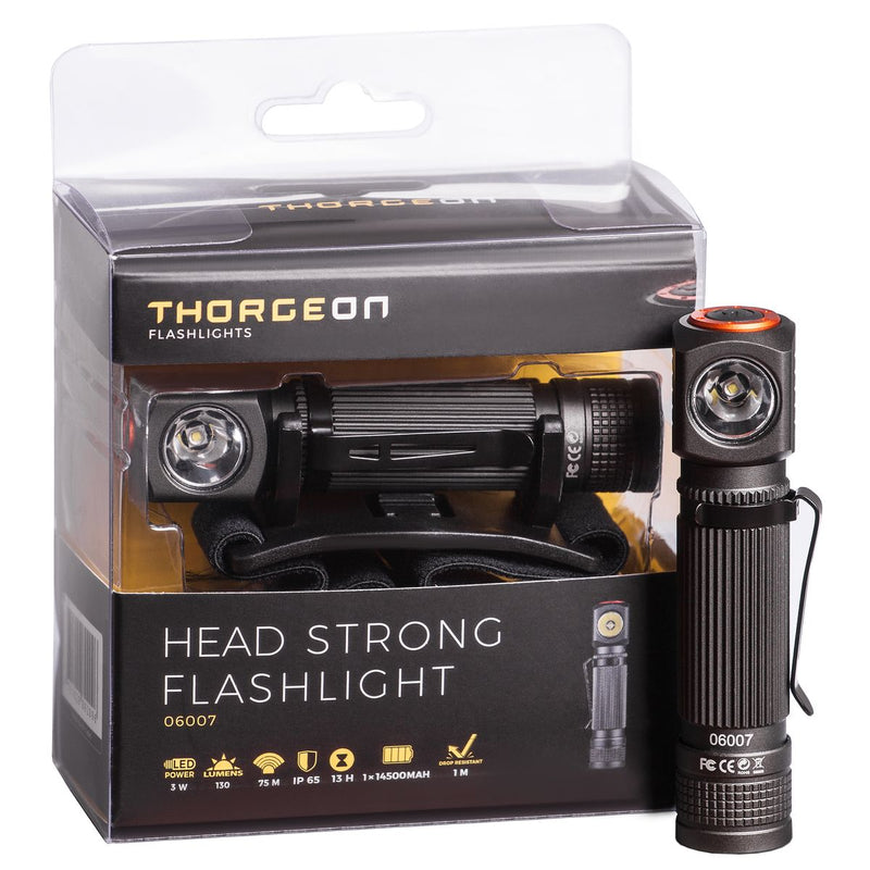 3W, 130lm, Head Strong Flashlight IPX5, USB-ladattava 750mAh paristo, LED Otsalamppu THORGEON
