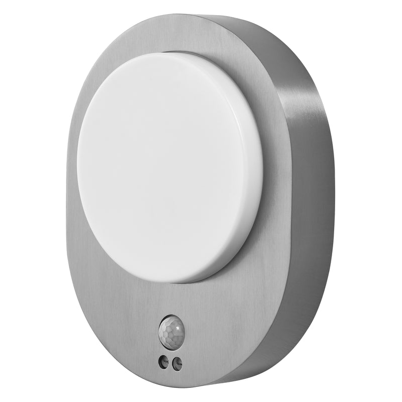 8W, 370lm, Endura Style Disc Wall Sensor Stainless Steel, 3000K, IP44, IK03, LED Ulkoseinävalaisin liiketunnistimella Osram