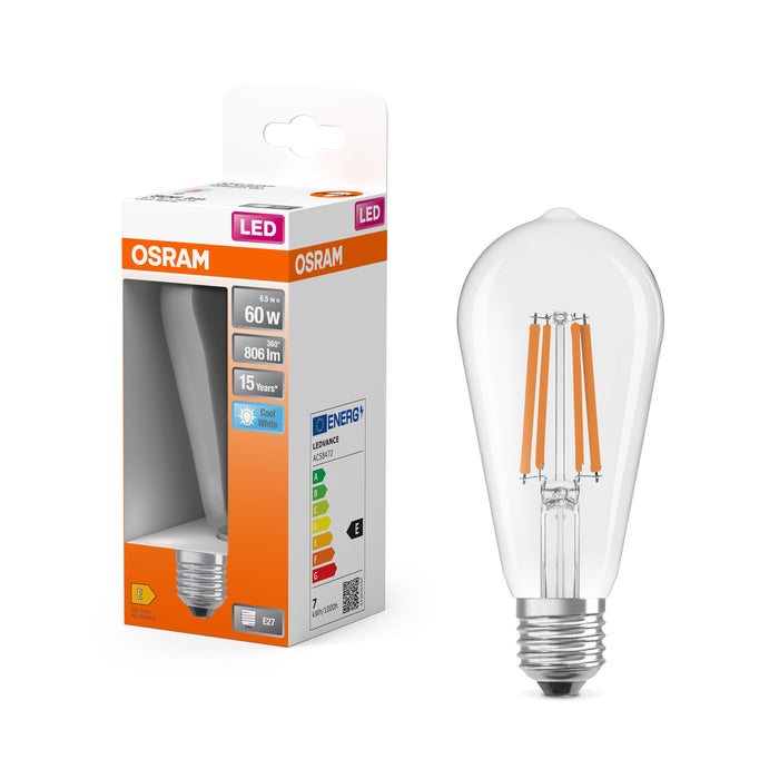6,5W, 806lm, LED Star Classic Edison 60 Filament Clear, E27, 2700K, 64x143mm, Sisustuslamppu OSRAM