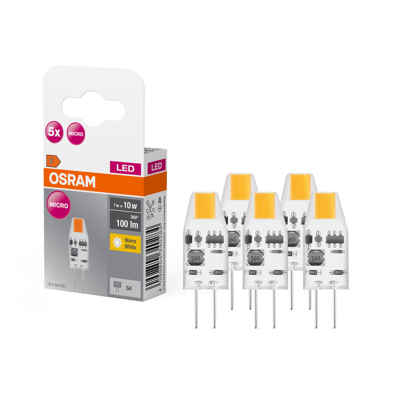 12V, 1W, AC/DC, G4, 100lm, 2700K, 10x30mm, 5PCS LED Lamp Osram