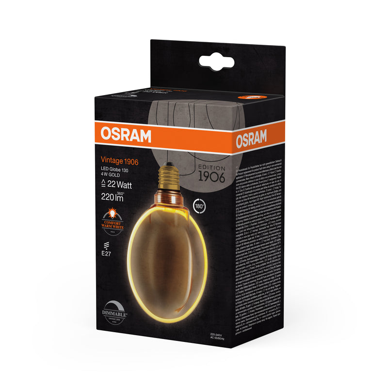 4W, 220lm, 1800K, Vintage 1906 Globe 130 Filament GOLD, E27, DIM, 130x171mm, LED Sisustuslamppu Osram