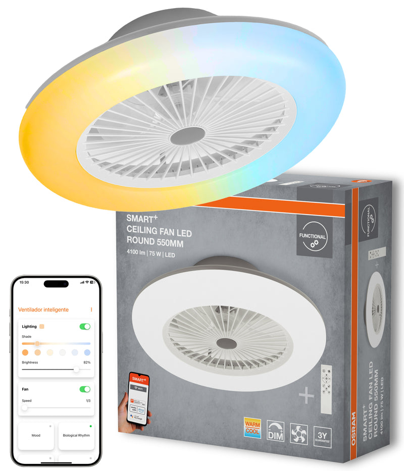 75W, 4100lm Smart+ WiFi Ceiling Fan Round Tunable White,IP20, 216x600mm, LED älykattovalaisin tuulettimella Osram