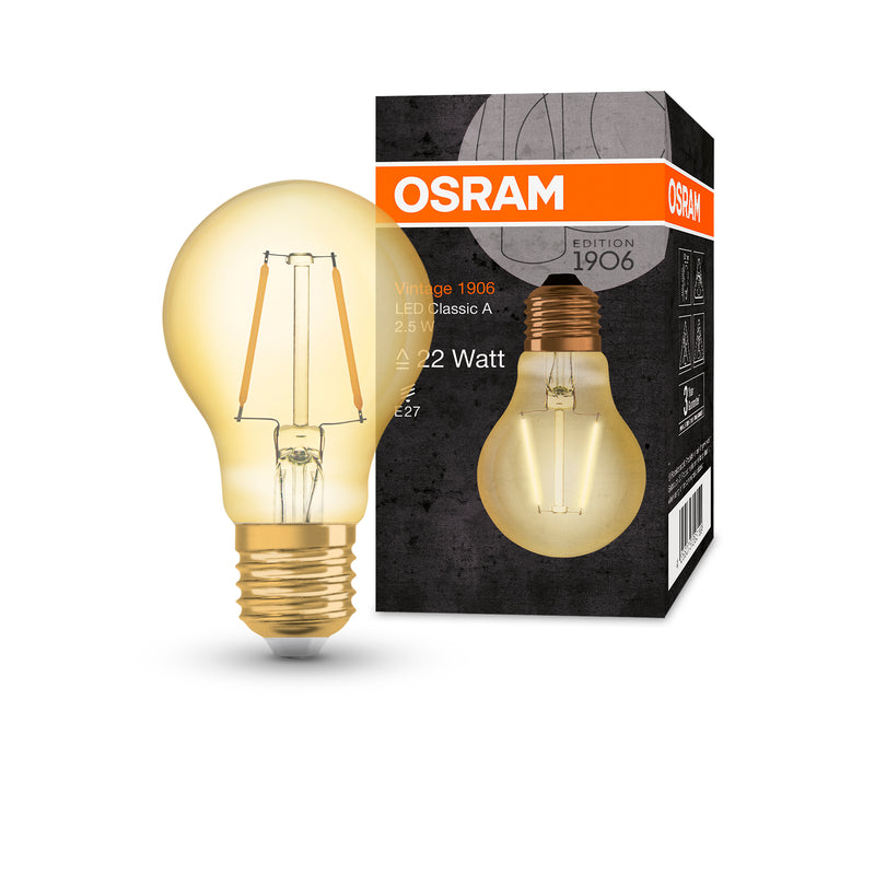 2.5W, 220lm, Vintage 1906 Classic A 22 Filament GOLD, E27, 2400K, 60x105mm, LED Sisustuslamppu Osram