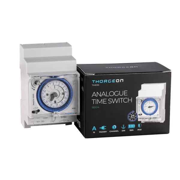 DIN kiskoon asennettava Analoginen ajastinkytkin 2-kanavainen THORGEON