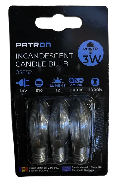 12V, 3W, 12lm, C6, E10, 2100K, 13x44mm, 3kpl kynttilälamppuja kynttelikköön Patron