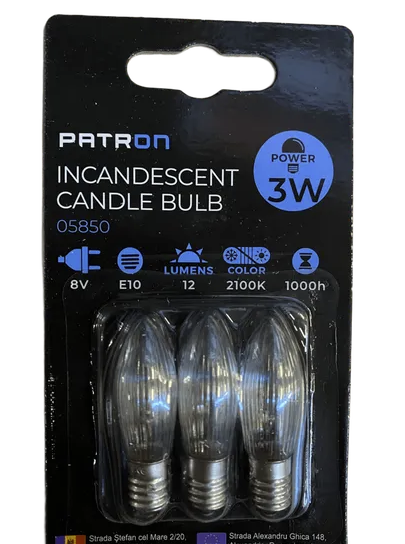 8V, 3W, 12lm, C6, E10, 2100K, 13x44mm, 3kpl kynttilälamppuja kynttelikköön Patron