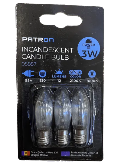 55V, 3W, 12lm, C6, E10, 2100K, 13x44mm, 3 kpl kynttilälamppuja kynttelikköön Patron
