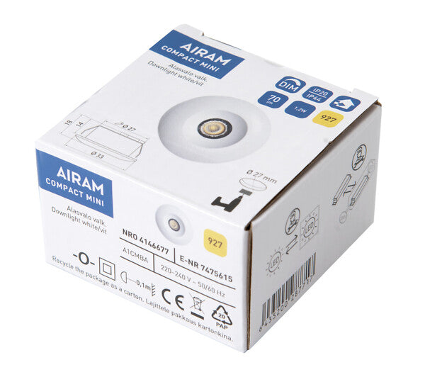1.2W, 72lm Compact Mini IP44, 40-80D, IK02, Ø 27x33mm Downlight Airam