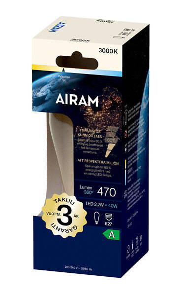 2,2W, 470lm, ST64, 3000K, E27, 64x140mm, Filamentti LED lamppu Airam
