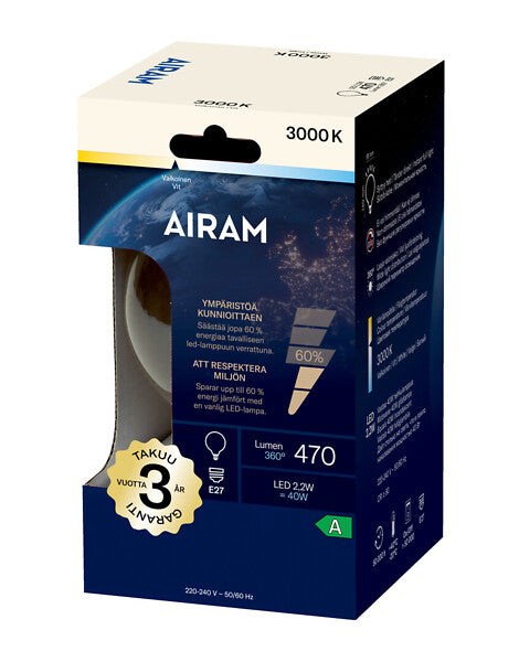2,2W, 470lm, G95, E27, 3000K, 95x140mm, Filamentti LED lamppu Airam