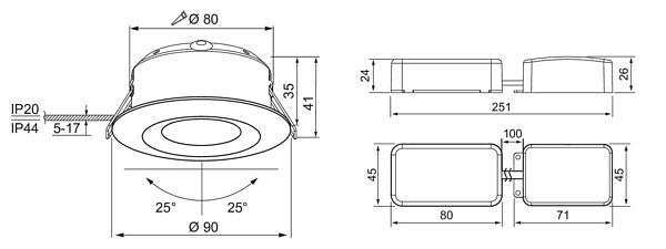 7W, 600lm, Compact Tilt, 36D, IP44, IK02, Ø90x40mm, LED Downlight Airam