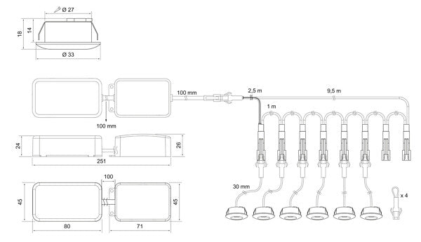 9,6W, 432lm Compact Mini IP44 Kit, 6x1,2W, 40-80D, IK02, Ø 27x33mm, LED Alasvalosetti Airam