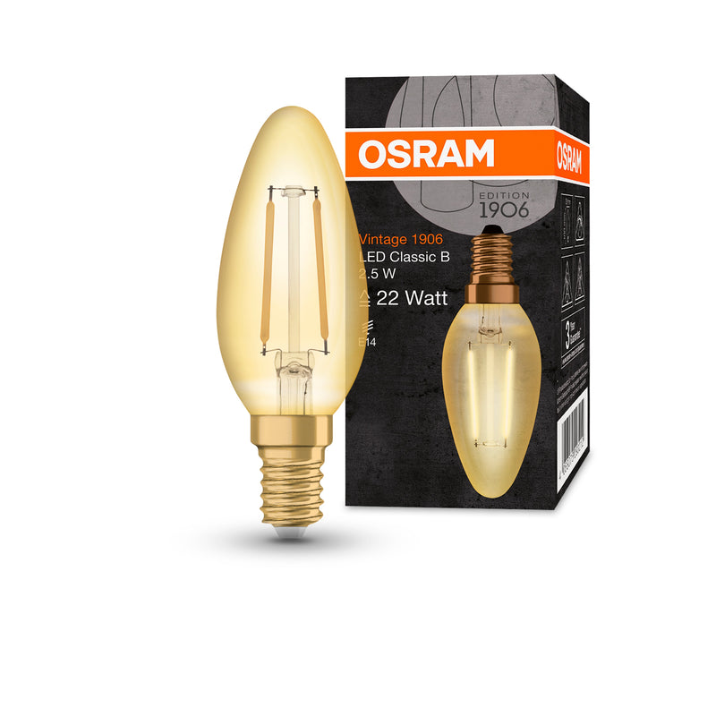 2,5W, 220lm, Vintage 1906 CLAS B, E14, 2400K, 35x100mm, Kulta, LED SIsustuslamppu Osram